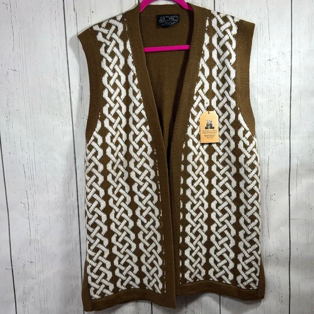 Alpaca Fina Wool 100% Tan Geometric Open Front Womens Peruvian Sweater Vest Cozy